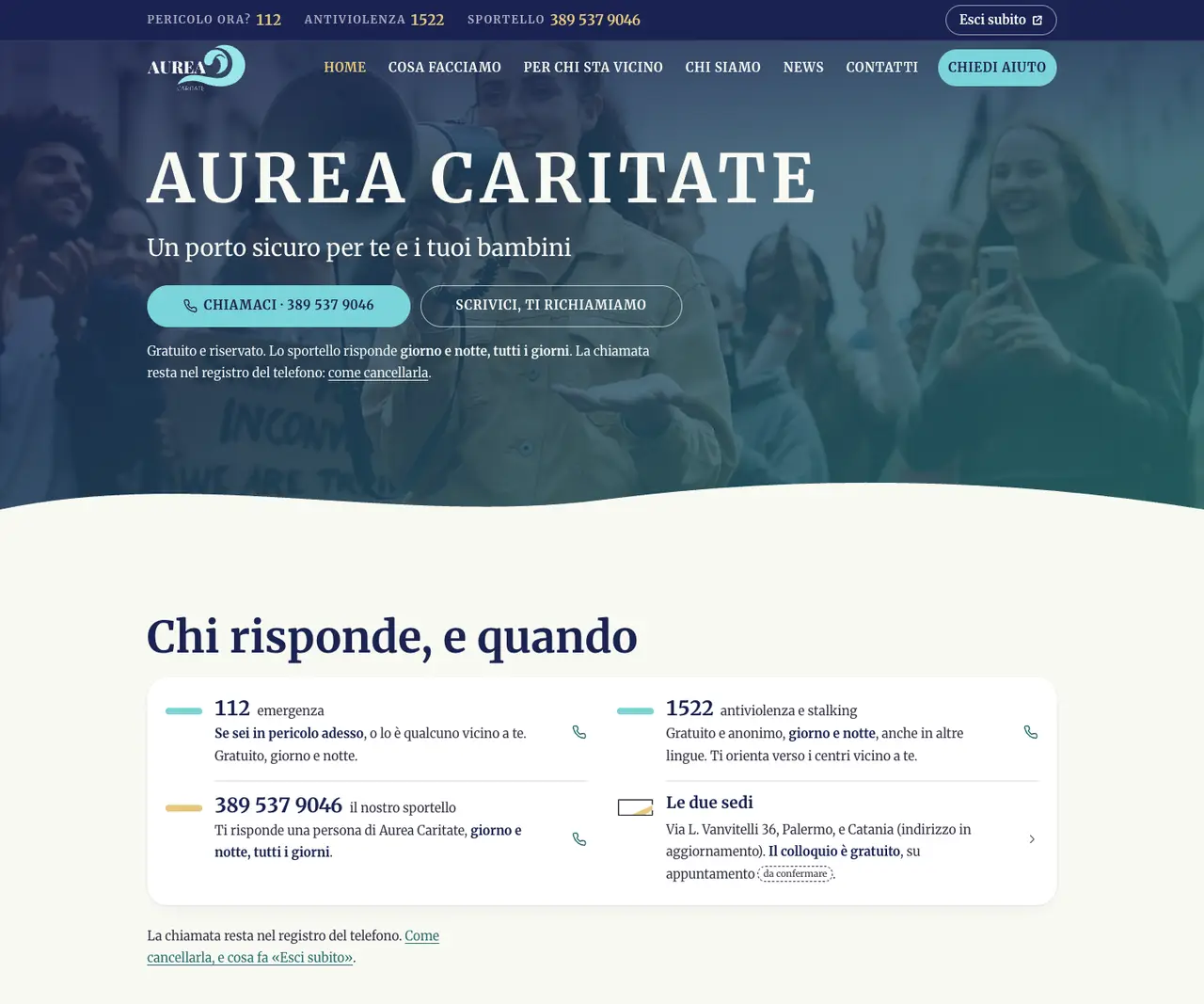 La pagina iniziale del sito nuovo di Aurea Caritate su computer: i numeri di emergenza, antiviolenza e dello sportello, e i bottoni per chiamare o per farsi richiamare.