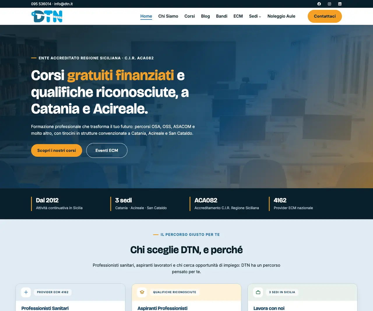 La pagina iniziale di dtn.it su computer: corsi gratuiti finanziati a Catania e Acireale.