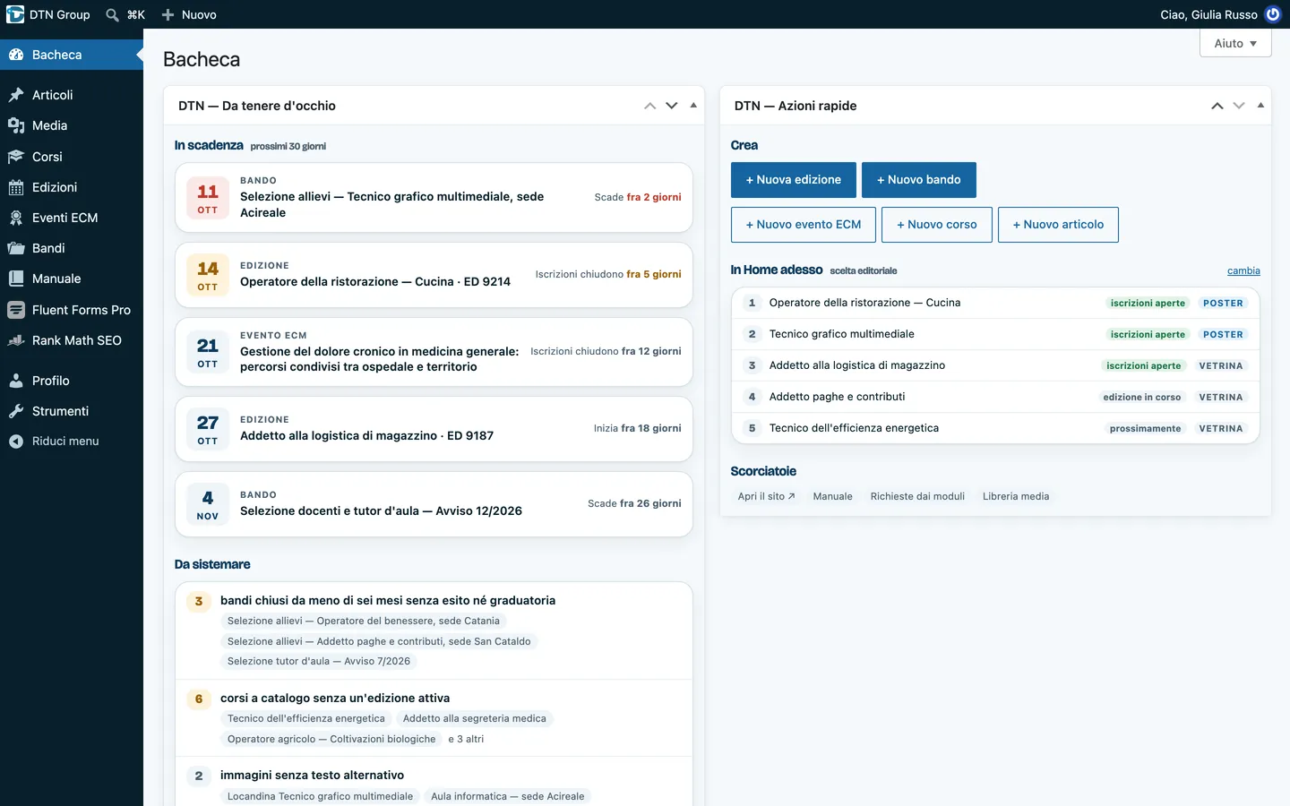 Il pannello della segreteria di DTN su computer, con dati di prova: le scadenze dei prossimi trenta giorni, le cose da sistemare e i bottoni per creare un corso, un'edizione o un bando.