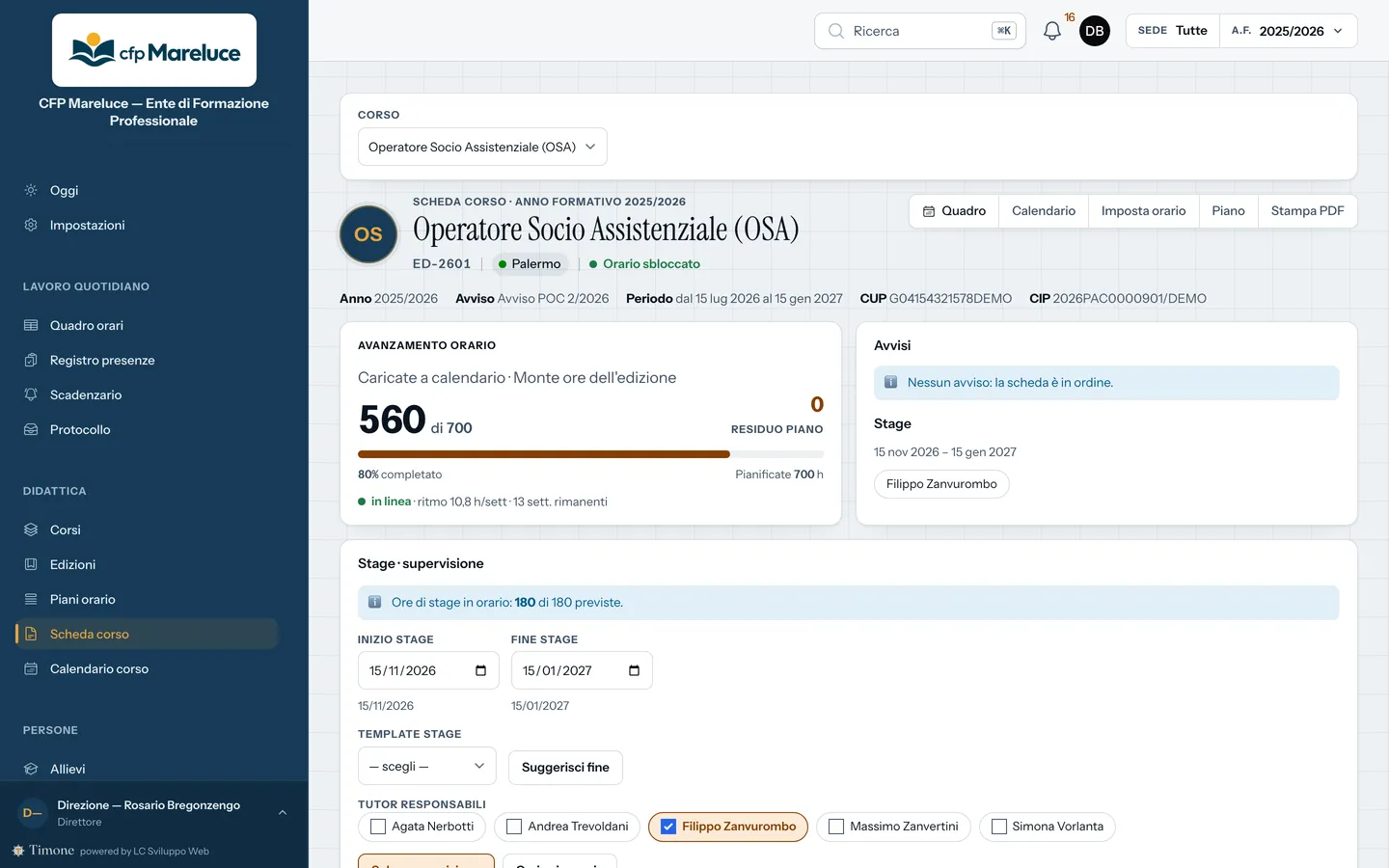 La Scheda corso di Timone su computer: le ore messe in calendario, 560 su 700, il ritmo della settimana e lo stage con il suo tutor.