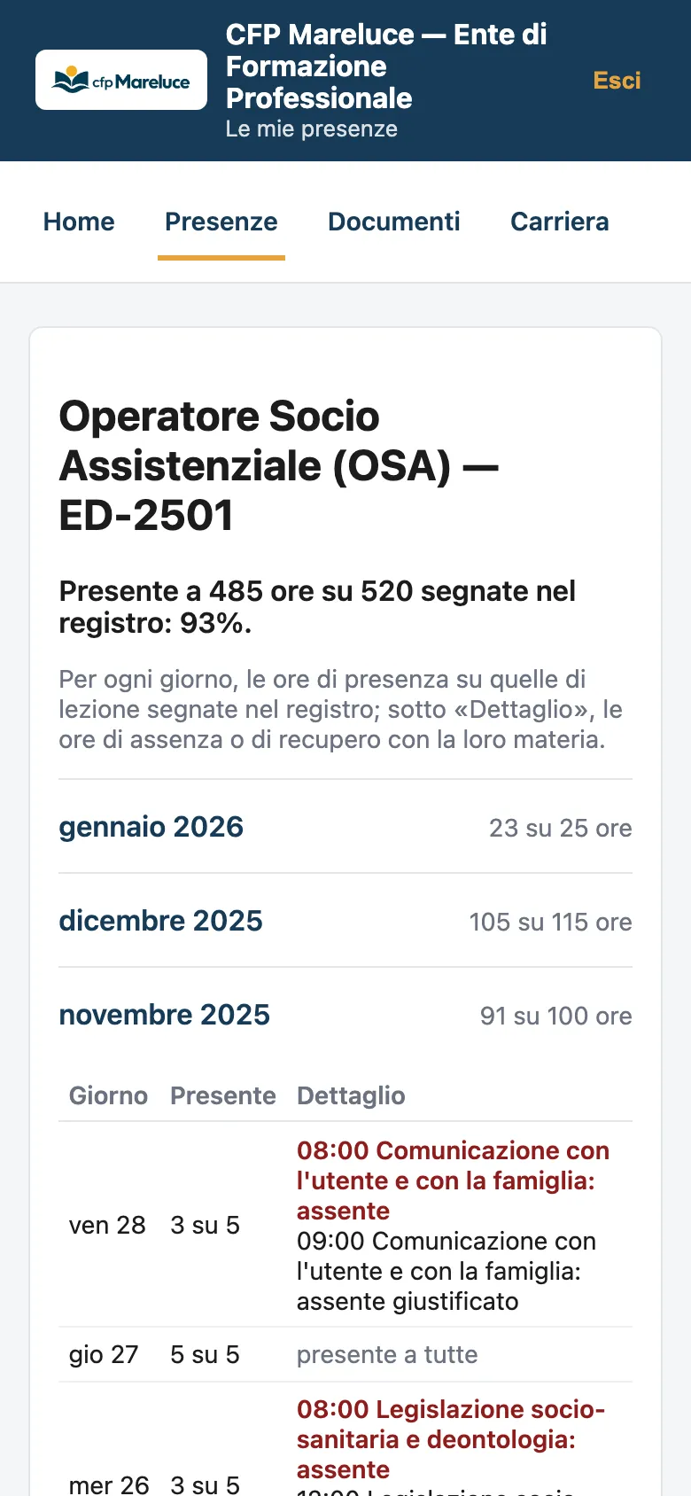 Il portale di Timone su telefono: le presenze nel corso per Operatore Socio Assistenziale, 485 ore su 520, il 93%, e il conto mese per mese.
